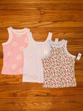 Old Navy Girls' NWT Tank Top 3-Pack Bundle - Pink Daisy, White, Cherry Print